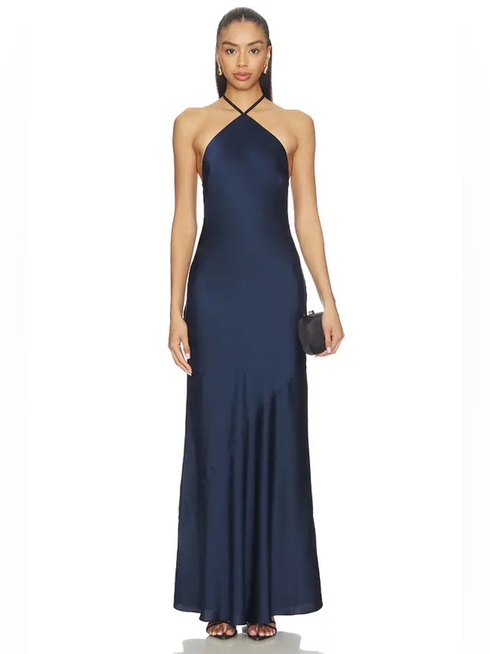 Lovers + Friends Revolve Paloma Navy Blue Halter Satin Bias Cocktail Gown L NWT